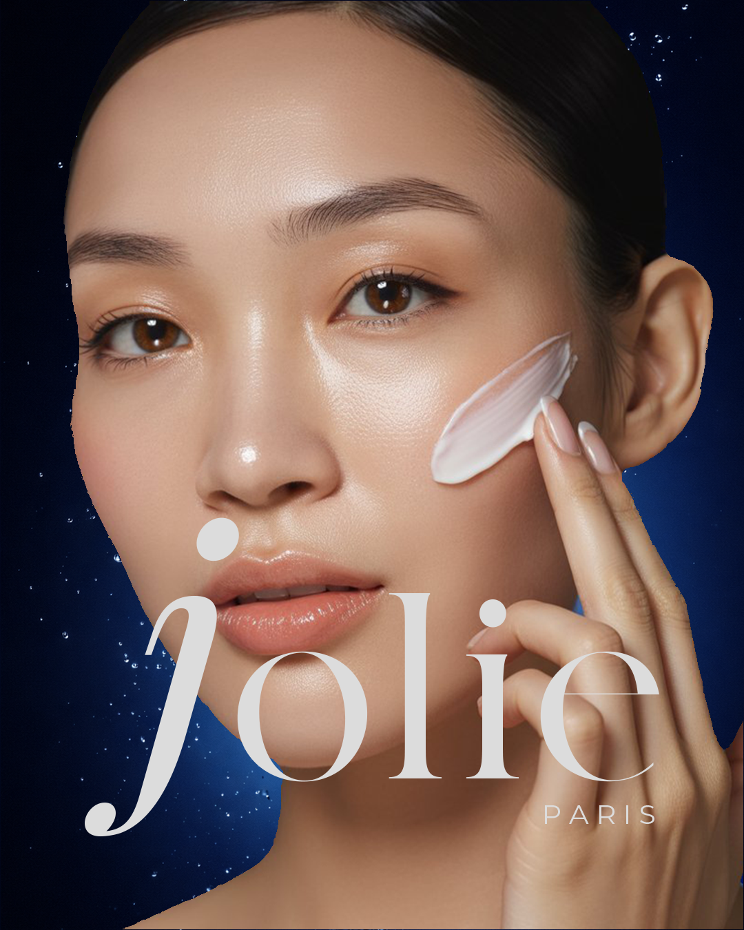 Woman applying skincare product with 'Jolie Paris' branding on a dark blue background